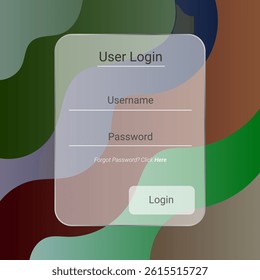 A vibrant login interface featuring abstract curved shapes in multiple colors, with transparent glass style overlay elements.
