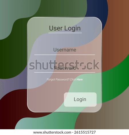 A vibrant login interface featuring abstract curved shapes in multiple colors, with transparent glass style overlay elements.