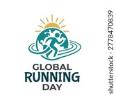 A vibrant logo celebrating Global Running Day featuring a runner icon over a globe and sun to promote health and fitness worldwide