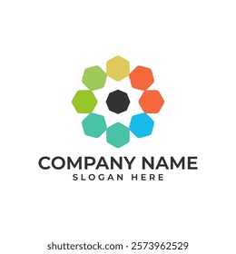 A vibrant logo with a central black octagon surrounded by eight colorful hexagons, radiating outwards in a circular pattern.