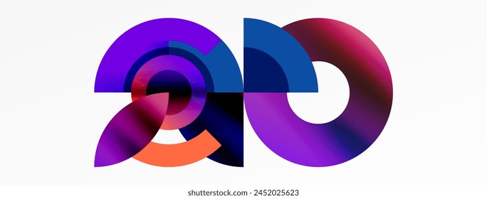 A vibrant logo design for a company called 20, featuring a modern art font in shades of purple, magenta, and electric blue, enclosed in a circle pattern symbol