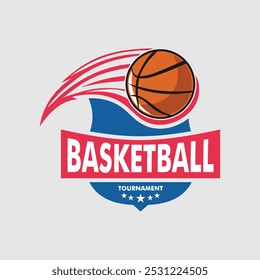 Vibrant logo design featuring a basketball and dynamic graphics symbolizing competition and sportsmanship. Ideal for sports events, team logos, and tournament promotions.