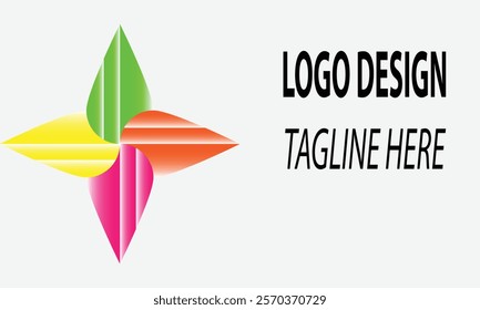 A vibrant logo design featuring a colorful flower-like design with overlapping petals in shades of red, orange, yellow, and green. Includes text placeholders "LOGO DESIGN" and "TAGLINE HERE".