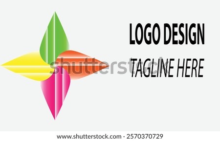 A vibrant logo design featuring a colorful flower-like design with overlapping petals in shades of red, orange, yellow, and green. Includes text placeholders 