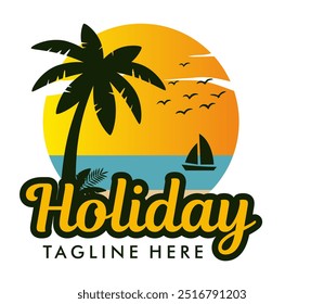 Um design de logotipo vibrante com uma silhueta de uma palmeira contra um laranja gradiente e pôr do sol amarelo. O logótipo inclui igualmente um veleiro em águas azuis calmas e um rebanho de aves que atravessam o céu