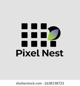 A vibrant logo design incorporating a pixelated nest theme, showcasing a colorful gradient and a modern aesthetic.