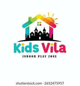 Vibrant logo design for Kids Indoor Play Zone. Features a colorful house silhouette, a playful cityscape, and a cheerful sun, perfect for branding children's entertainment.