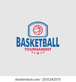 Design de logotipo vibrante mostrando um tema de torneio de basquete com um aro e bola. Ideal para eventos esportivos, ligas ou materiais promocionais.