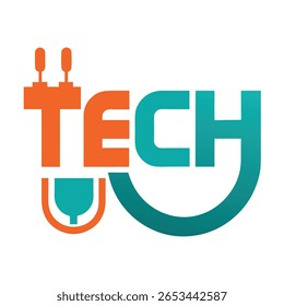 Um design de logotipo vibrante soletra 'TECH' com as letras em laranja e azul-petróleo. O 'T' incorpora um plugue, e o 'H' forma uma sutil curva sorridente.
