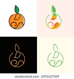 Vibrant logo designs featuring an orange fruit motif and leaf shapes, offering creative and artistic symbolism for branding projects. 