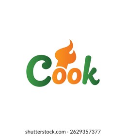 A vibrant logo displaying the word "Cook" with the initial "C" in green and the rest of the letters transitioning to orange, topped with a stylized orange and yellow flame integrated into the letter "