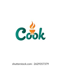A vibrant logo displaying the word "Cook" with the initial "C" in green and the rest of the letters transitioning to orange, topped with a stylized orange and yellow flame integrated into the letter "