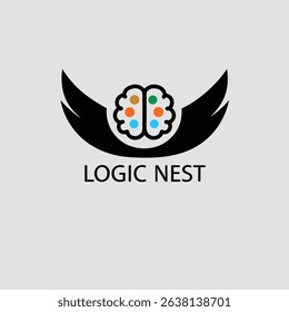 A vibrant logo featuring an abstract brain or nest design, utilizing a CMYK color palette with grayscale elements. The design incorporates Helvetica and Courier fonts.
