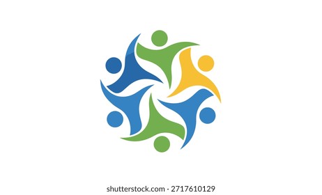 Un logotipo vibrante con figuras humanas abstractas en azul, verde y amarillo, dispuestas en un patrón circular, que simbolizan la comunidad, el trabajo en equipo y la conexión.