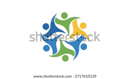 A vibrant logo featuring abstract human figures in blue, green, and yellow, arranged in a circular pattern, symbolizing community, teamwork, and connection.