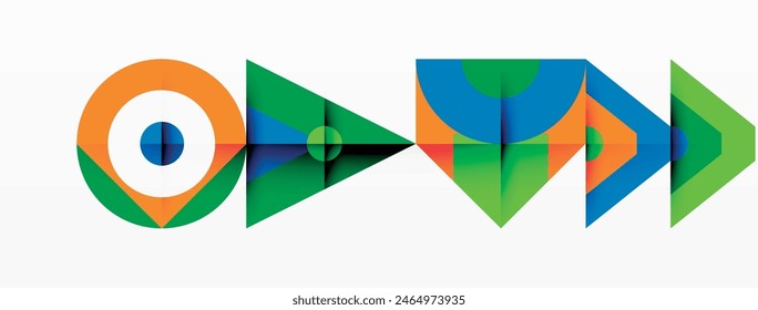 A vibrant logo featuring arrows pointing in various directions, designed with elements like colorfulness, symmetry, slope, circle, and electric blue