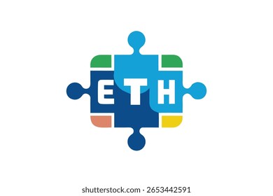 Um logotipo vibrante com peças de quebra-cabeça entrelaçadas em várias cores, formando as letras E, T e H no centro. O design é moderno e abstrato.