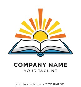 A vibrant logo featuring an open book with a sun rising behind it, symbolizing enlightenment and new beginnings. Perfect for educational institutions, publishers, and personal development brands.