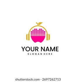 Um logotipo vibrante com uma maçã rosa usando fones de ouvido dourados, com um gráfico de equalizador de áudio dentro da maçã, definido contra um fundo branco.