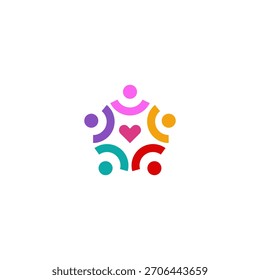 A vibrant logo featuring stylized figures in various colors forming a circle around a central heart, representing unity, love, and community support.