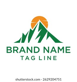 A vibrant logo featuring a stylized mountain range in green silhouette, crowned by a radiant orange sun. Evokes nature, adventure, and a bright outlook. Ideal for outdoor brands.