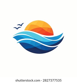 Vibrant logo featuring sunset over stylized ocean waves and birds