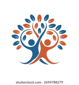 A vibrant logo featuring two stylized people forming a tree, symbolizing growth, connection, and community, perfect for brands focused on collaboration and support.