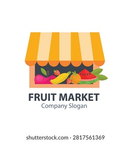 Vibrant logo of a fruit market stall with striped awning and fresh produce