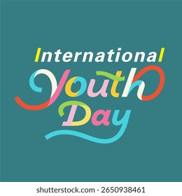 A vibrant logo for International Day of the Youth, with bold text "International Youth Day" in colorful lettering on a teal background. The design incorporates bright colors and modern typography to s