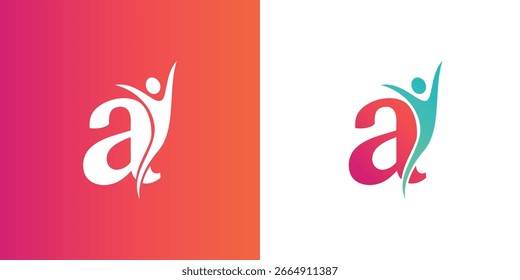 A vibrant logo of the lowercase letter 'a' with a dynamic, abstract human figure celebrating success and energy, ideal for coaching, wellness, and lifestyle brands.
