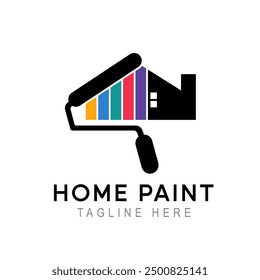 Logo vibrante de un rodillo de pintura pintando una casa con rayas de colores, perfecto para la construcción y negocios inmobiliarios o negocios de pintura