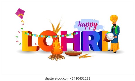 Vibrant 'Lohri' in Bold Orange Font with Decorative Flourishes. Festive Bonfire, Dancing Revelers, Colorful Kite, Sugarcane-laden Rehri on an Orange-Yellow Gradient Background Punjabi Harvest Festival