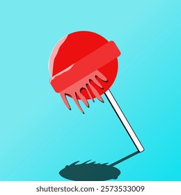 A vibrant lollipop with dripping red candy on a bright blue background. This minimalist graphic design captures the sweetness and fun of childhood.