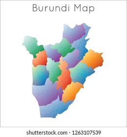 A vibrant, low poly map of Burundi featuring a geometric design on a clean white background.