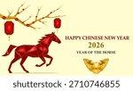Vibrant low poly vector illustration for Chinese New Year 2026, celebrating the Year of the Horse. Features a dynamic red geometric horse, adorned with a golden outline, against a soft yellow background. 