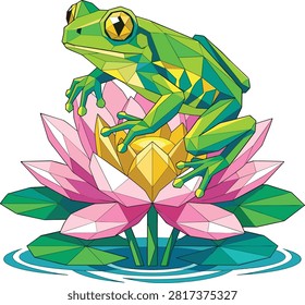 A vibrant low poly vector illustration featuring a green tree frog resting on a blooming pink and yellow lotus flower. Ideal for nature, wildlife, modern design, and eco-friendly concepts.