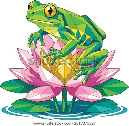 A vibrant low poly vector illustration featuring a green tree frog resting on a blooming pink and yellow lotus flower. Ideal for nature, wildlife, modern design, and eco-friendly concepts.