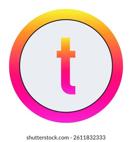 Vibrant Lowercase letter t Icon - Minimalist Design with Yellow-Pink Gradient Ring and Bold Central Letter A on Light Background for Creative Projects