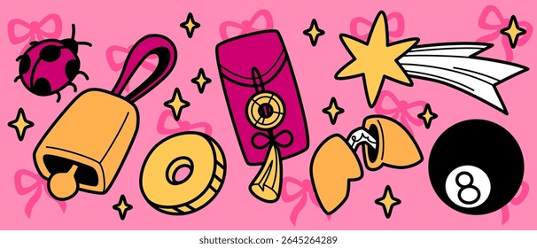 Símbolos vibrantes do rabiscar da sorte no rosa - joaninha e sino, moeda e envelope com charme, estrela cadente, biscoito da sorte e oito bola. Ícones coloridos de boa sorte para vibrações positivas, temas de superstição.