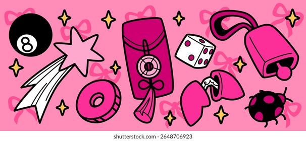 Símbolos vibrantes do rabiscar da sorte no rosa - joaninha e sino, moeda e envelope com charme, estrela cadente, biscoito da sorte e oito bola. Ícones coloridos de boa sorte para vibrações positivas, temas de superstição.
