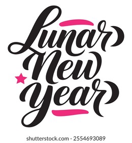 Vibrant Lunar New Year typography featuring bold script, pink decorative accents, and a festive star, ideal for holiday designs and creative projects.