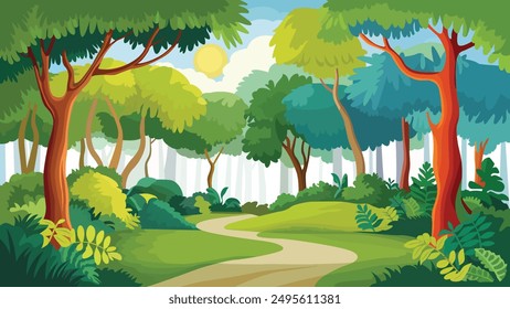 A vibrant and lush forest scene. Tall trees with varying shades of green and blue dominate the landscape, their branches extending outwards in different directions.