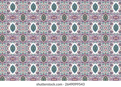 A vibrant and luxurious seamless pattern featuring intricate floral and paisley elements. This ornate design is perfect for textile, fabric, or wallpaper backgrounds, in a vintage or bohemian style.
