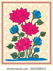 Vibrant Madhubani Lotus: Nature-inspired Artwork. Traditional Indian Artwork, Ethnic Nature Design, Botanical Folk Art Print