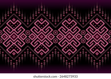 Magenta vibrante, padrão geométrico preto com arte de pixel intrincada, motivos étnicos tradicionais. Ideal para projetos de tecido sem costura, têxteis, moda, papel de parede, fundos digitais, cultural-inspirado 