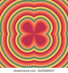 Vibrant magenta clover surrounded by colorful concentric waves in orange, yellow, and green. Vector illustration.