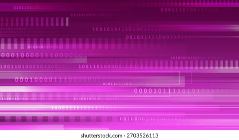 Lebhafter, magentafarbener digitaler Hintergrund mit horizontalen Bewegungslinien, binärem Code und abstrakten technischen Elementen, die einen futuristischen Datenstromeffekt erzeugen.