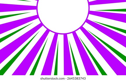 Raios magenta e verde vibrantes irradiam em torno de um círculo branco deslocado, formando um fundo abstrato divertido ideal para folhetos de pop-art ou marcas de jovens.