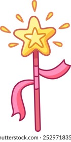 Uma varinha mágica vibrante com uma ponta em forma de estrela e uma fita rosa fluente. Ideal para crianças vestir-se jogo criativo e festas temáticas celebrando a imaginação.