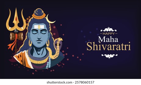 A vibrant Maha Shivaratri artwork featuring a meditative Lord Shiva with his Trishul, Damru, and serpent. The celestial elements and rich colors symbolize divine power, devotion,